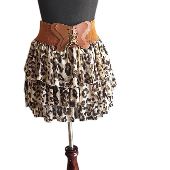 MINT GREEN SUMMER Y2K LEOPARD PRINT RUFFLE SKIRT SZ SMALL - Picture 1 of 13